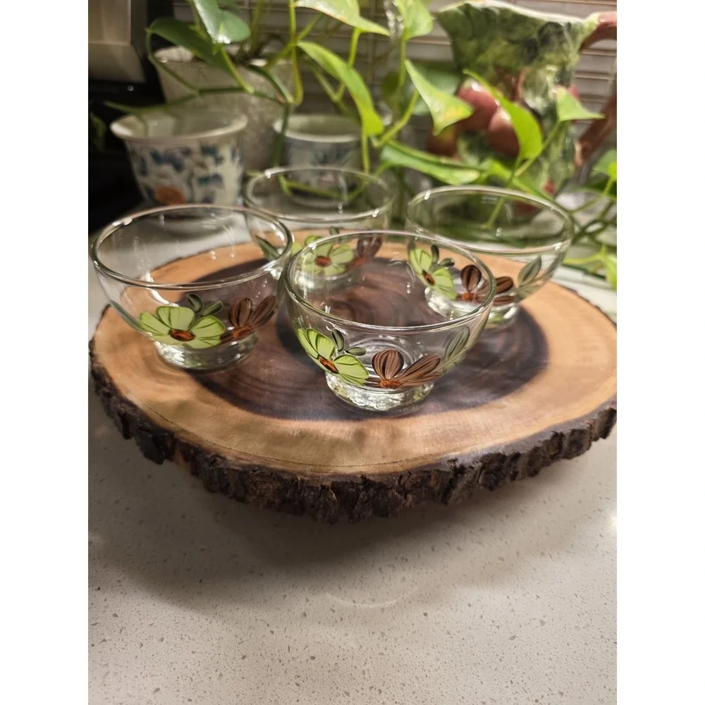 4 VTG BLUE‎ RIDGE POTTERY DAISY SHERBET BOWLS SUN BOUQUET GLASS Green Floral